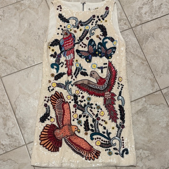 Alice + Olivia Dresses & Skirts - Alice + Olivia Cream Beaded Mini Dress with Red, Blue, Yellow Embroidery